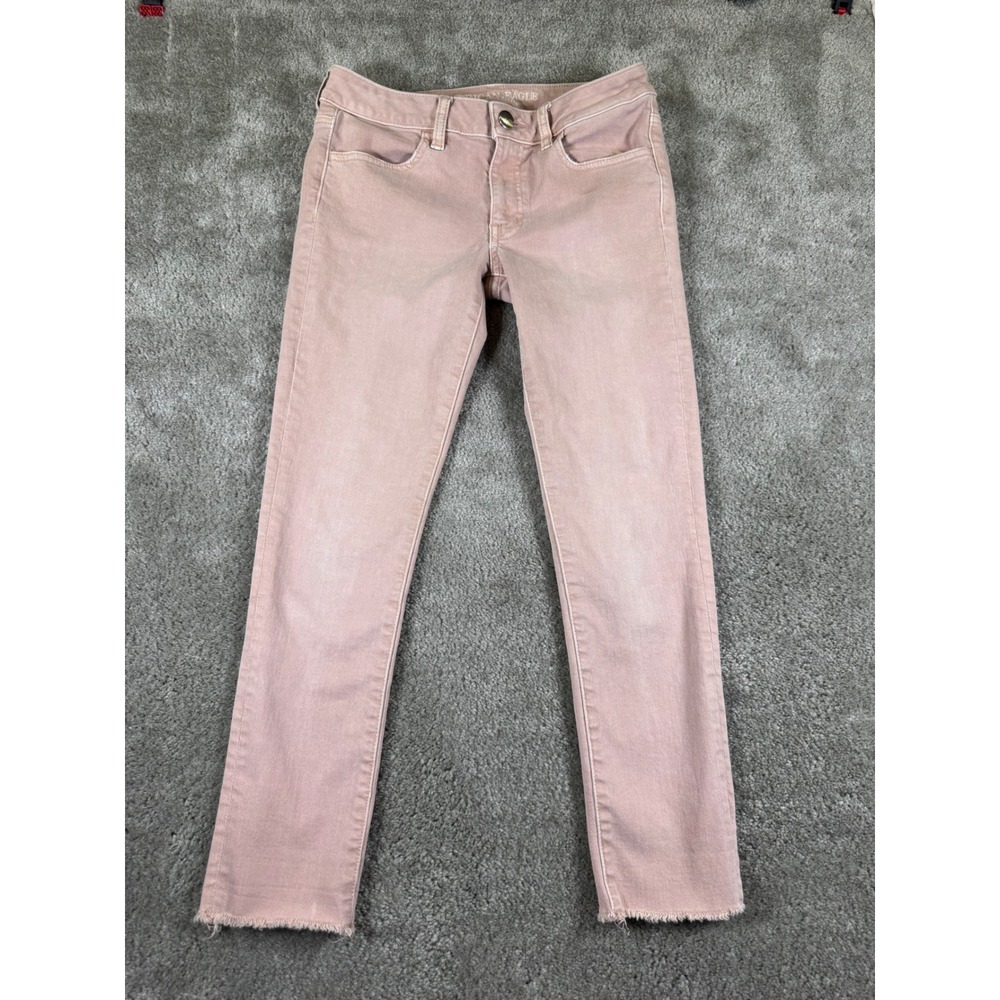 American Eagle Super Super Stretch Jegging Crop Pink Raw Hem Jeans Womens Size 6